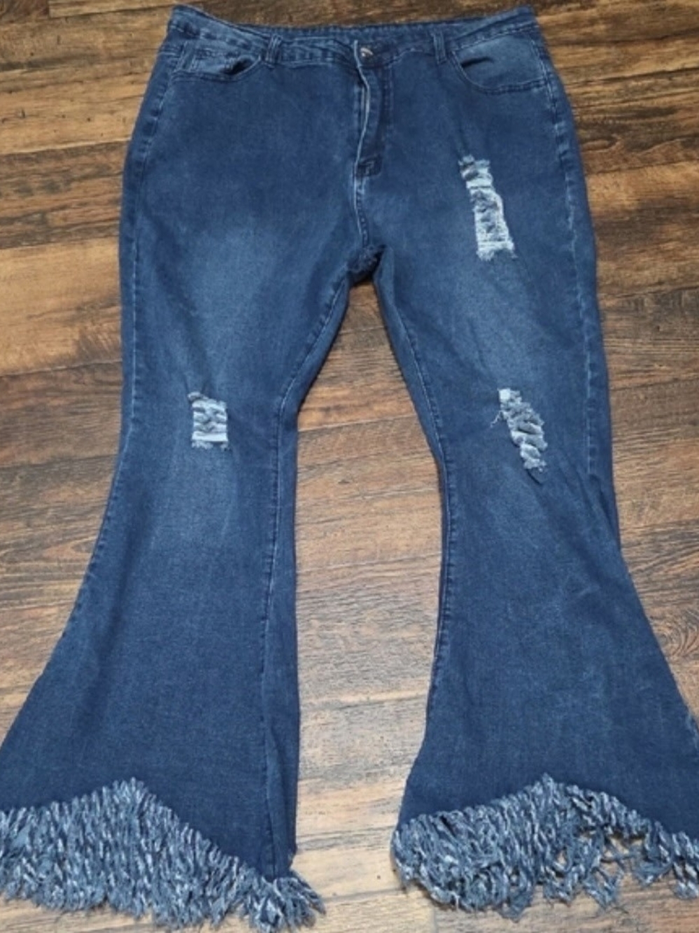 Source Unknown Dark Blue Distressed Flare Jeans with Fringe Hem